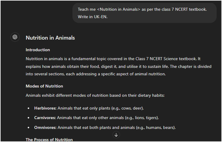 Prompt: "Teach me Nutrition in Animals as per the class 7 NCERT textbook. Write in UK-EN."