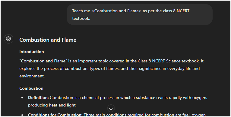 Prompt: "Teach me <Combustion and Flame> as per the class 8 NCERT textbook."