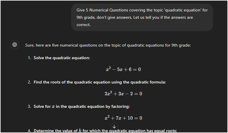 Prompt: Give 5 Numerical Questions covering the topic 'quadratic equation' for 9th grade, don’t give answers. Let us tell you if the answers are correct.