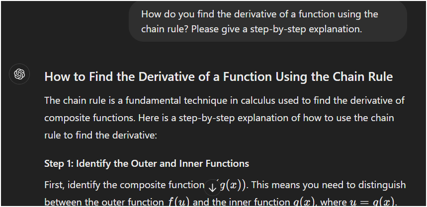 This is the output of the ChatGPT prompts for class 12 students: "How do you find the derivative of a function using the chain rule? Please give a step-by-step explanation."