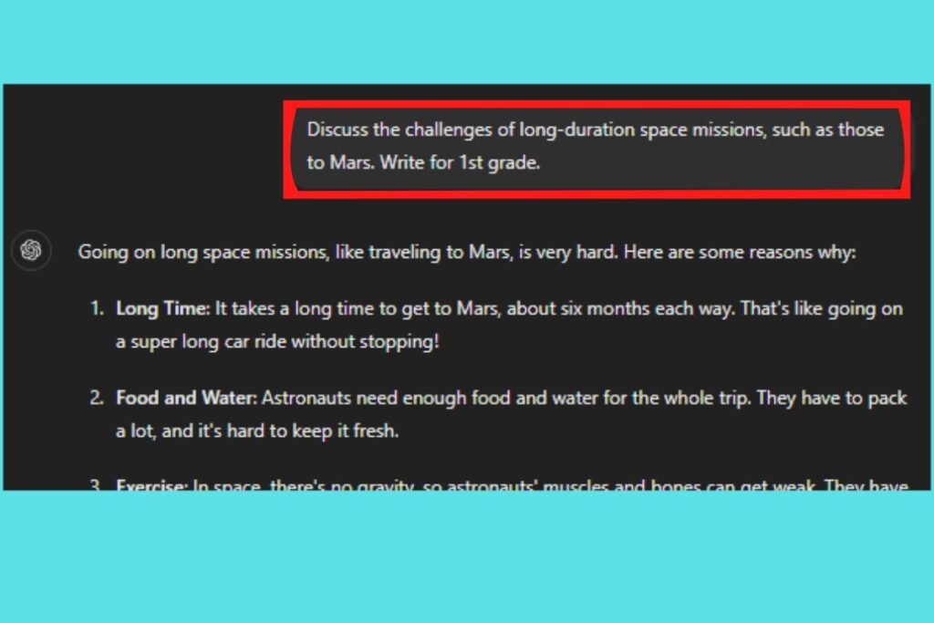 Prompt: Discuss the challenges of long-duration space missions, such as those to Mars. Write for 1st grade.