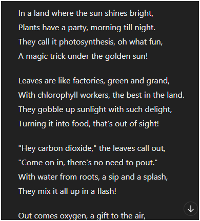 ChatGPT prompt for school student: 'In a humorous tone, please teach photosynthesis to kids in a poetic style in British English.'