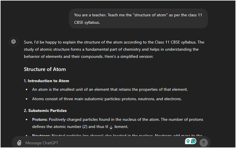 Prompt: You are a teacher. Teach me the "structure of atom" as per the class 11 CBSE syllabus.