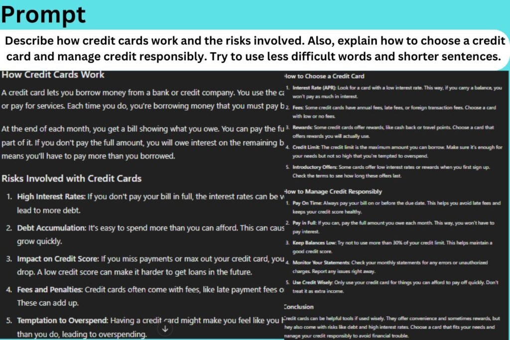 Financial Literacy ChatGPT Prompt for High School Students Infographic. This includes a prompt and the respective output, generated with OpenAI's ChatGPT on 27 August 2024.